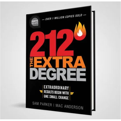A hardcover book titled "212° The Extra Degree" with a flame icon and the text "OVER 1 MILLION COPIES SOLD" displayed.