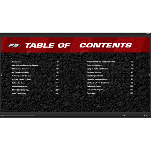 Table of contents for a product called 'Finish Strong - Amazing Stories of Courage and Inspiration