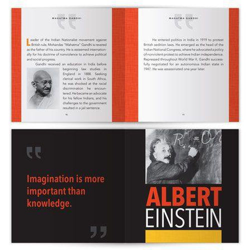 This image depicts biographical information about Mahatma Gandhi and Albert Einstein, along with a quote attributed to Einstein about the importance of imagination.